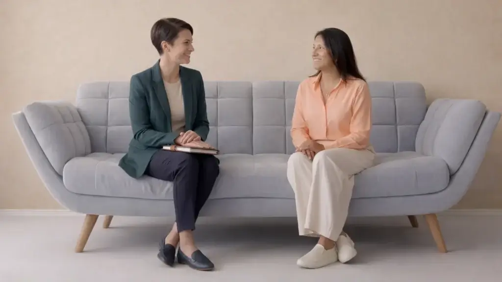 Two Protirus employees sat on a blue sofa